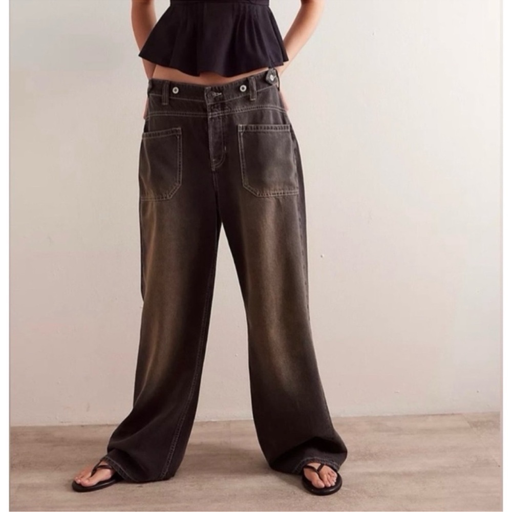 NWT Free People Palmer Wide-Leg Cuffed Jeans Black 28
